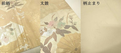 平和屋着物▼六通柄袋帯　螺鈿箔　扇面花文　金銀彩　引箔　正絹　逸品　DABG5788fe