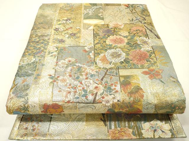 平和屋着物▼極上　西陣あさぎ　両面　全通全景柄袋帯　近代花鳥画　本金プラチナ二重箔　正絹　逸品　DABG5815fe