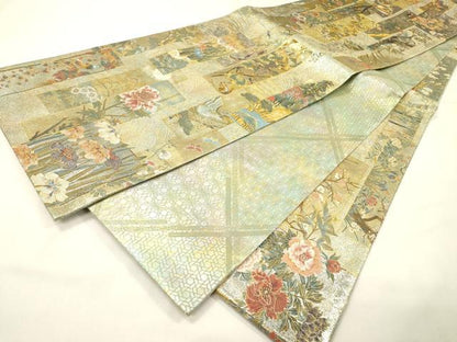 平和屋着物▼極上　西陣あさぎ　両面　全通全景柄袋帯　近代花鳥画　本金プラチナ二重箔　正絹　逸品　DABG5815fe