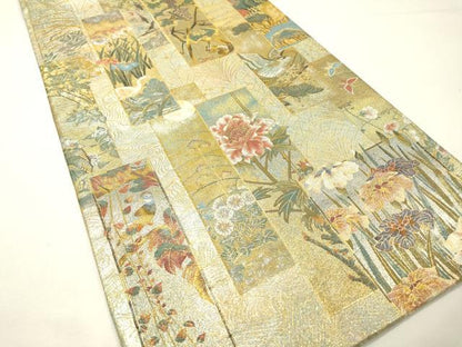 平和屋着物▼極上　西陣あさぎ　両面　全通全景柄袋帯　近代花鳥画　本金プラチナ二重箔　正絹　逸品　DABG5815fe