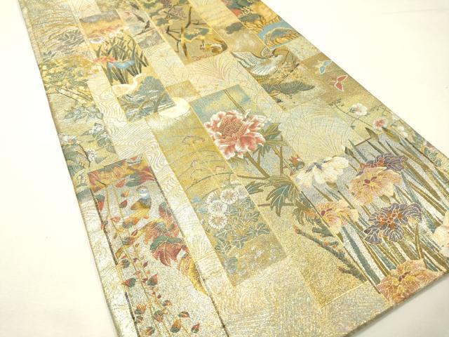 平和屋着物▼極上　西陣あさぎ　両面　全通全景柄袋帯　近代花鳥画　本金プラチナ二重箔　正絹　逸品　DABG5815fe