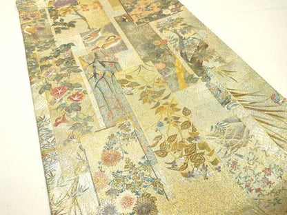 平和屋着物▼極上　西陣あさぎ　両面　全通全景柄袋帯　近代花鳥画　本金プラチナ二重箔　正絹　逸品　DABG5815fe