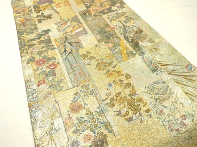平和屋着物▼極上　西陣あさぎ　両面　全通全景柄袋帯　近代花鳥画　本金プラチナ二重箔　正絹　逸品　DABG5815fe