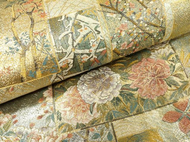 平和屋着物▼極上　西陣あさぎ　両面　全通全景柄袋帯　近代花鳥画　本金プラチナ二重箔　正絹　逸品　DABG5815fe