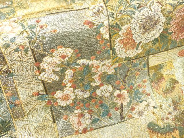 平和屋着物▽極上 西陣あさぎ 両面 全通全景柄袋帯 近代花鳥画