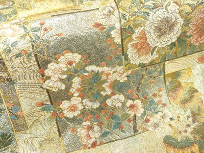 平和屋着物▼極上　西陣あさぎ　両面　全通全景柄袋帯　近代花鳥画　本金プラチナ二重箔　正絹　逸品　DABG5815fe
