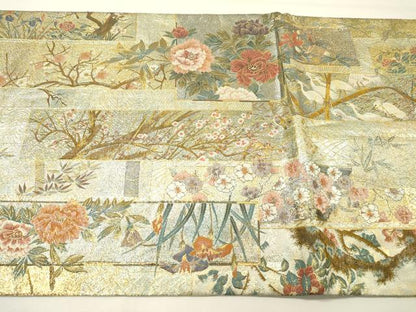 平和屋着物▼極上　西陣あさぎ　両面　全通全景柄袋帯　近代花鳥画　本金プラチナ二重箔　正絹　逸品　DABG5815fe