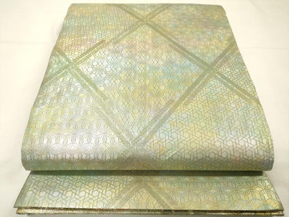 平和屋着物▼極上　西陣あさぎ　両面　全通全景柄袋帯　近代花鳥画　本金プラチナ二重箔　正絹　逸品　DABG5815fe