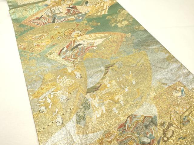 平和屋着物▼極上　西陣あさぎ　両面　全通全景柄袋帯　徳川美術館秘蔵　婚引調慶絵巻　本金プラチナ二重箔　正絹　逸品　DABG5817fe