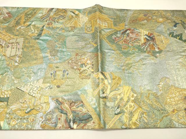 平和屋着物▼極上　西陣あさぎ　両面　全通全景柄袋帯　徳川美術館秘蔵　婚引調慶絵巻　本金プラチナ二重箔　正絹　逸品　DABG5817fe