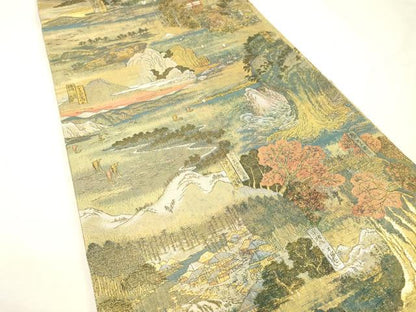 平和屋着物▼極上　西陣あさぎ　両面　全通全景柄袋帯　廣重名作集　六十餘州名勝圖會　本金プラチナ二重箔　正絹　逸品　DABG5831fe