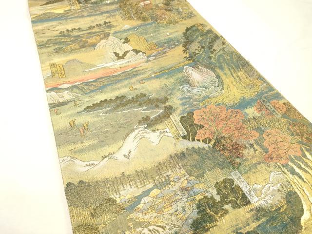 平和屋着物▼極上　西陣あさぎ　両面　全通全景柄袋帯　廣重名作集　六十餘州名勝圖會　本金プラチナ二重箔　正絹　逸品　DABG5831fe