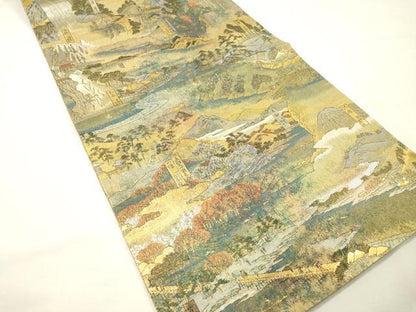 平和屋着物▼極上　西陣あさぎ　両面　全通全景柄袋帯　廣重名作集　六十餘州名勝圖會　本金プラチナ二重箔　正絹　逸品　DABG5831fe