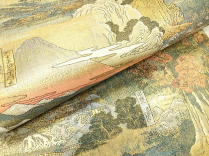 平和屋着物▼極上　西陣あさぎ　両面　全通全景柄袋帯　廣重名作集　六十餘州名勝圖會　本金プラチナ二重箔　正絹　逸品　DABG5831fe