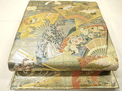 平和屋着物▼極上　西陣あさぎ　両面　全通全景柄袋帯　扇面散らし　本金プラチナ二重箔　正絹　逸品　DABG5834fe