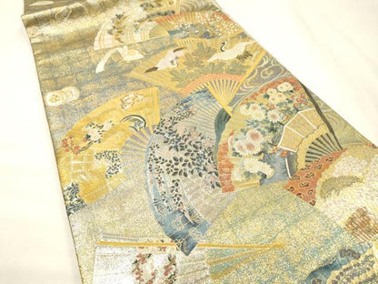 平和屋着物▼極上　西陣あさぎ　両面　全通全景柄袋帯　扇面散らし　本金プラチナ二重箔　正絹　逸品　DABG5834fe