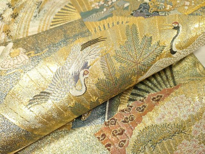 平和屋着物▼極上　西陣あさぎ　両面　全通全景柄袋帯　扇面散らし　本金プラチナ二重箔　正絹　逸品　DABG5834fe