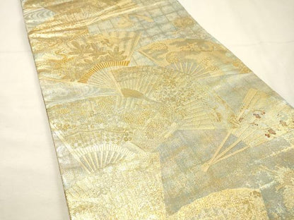 平和屋着物▼極上　西陣あさぎ　両面　全通全景柄袋帯　扇面散らし　本金プラチナ二重箔　正絹　逸品　DABG5834fe