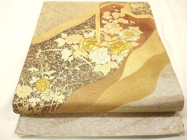 平和屋着物▼太鼓柄袋帯　刺繍　屏風花文　金銀彩　正絹　逸品　未使用　DABG5843fe