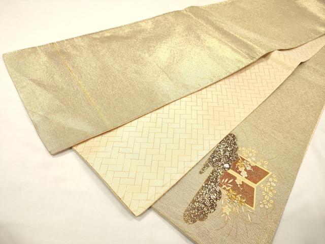 平和屋着物▼太鼓柄袋帯　刺繍　屏風花文　金銀彩　正絹　逸品　未使用　DABG5843fe