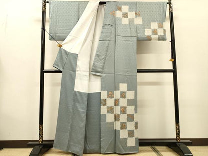 平和屋着物▼中国三大刺繍　スワトウ刺繍　汕頭刺繍　相良刺繍　訪問着　絞り　市松花文　金彩　正絹　逸品　DABG5884fe