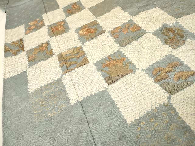 平和屋着物▼中国三大刺繍　スワトウ刺繍　汕頭刺繍　相良刺繍　訪問着　絞り　市松花文　金彩　正絹　逸品　DABG5884fe