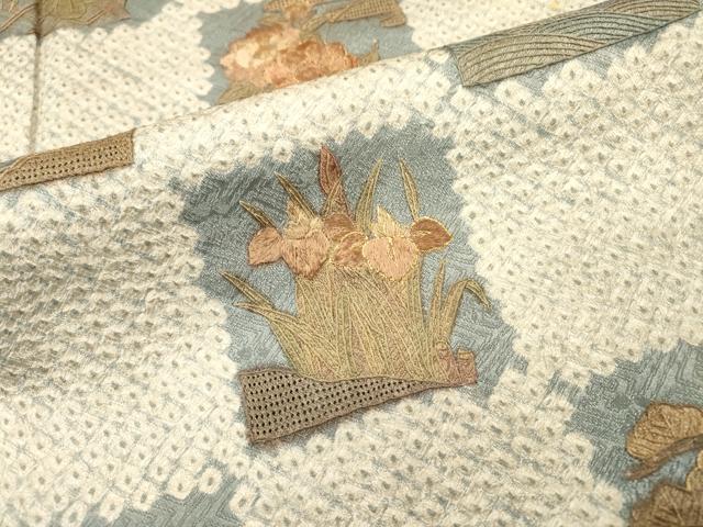 平和屋着物▼中国三大刺繍　スワトウ刺繍　汕頭刺繍　相良刺繍　訪問着　絞り　市松花文　金彩　正絹　逸品　DABG5884fe
