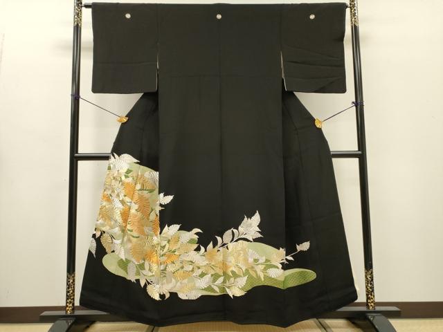 平和屋着物▼豪華黒留袖　刺繍　青海波草葉文　金銀糸　正絹　逸品　DABG5913fe