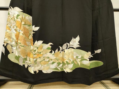 平和屋着物▼豪華黒留袖　刺繍　青海波草葉文　金銀糸　正絹　逸品　DABG5913fe