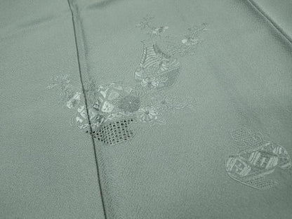 平和屋着物▼中国三大刺繍　スワトウ刺繍　汕頭刺繍　相良刺繍　総刺繍　無地絵羽訪問着　器物花文　藍鼠色　正絹　逸品　DABG5920fe