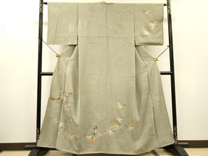 平和屋着物▼訪問着　総刺繍　雀　笹竹　金銀糸　正絹　逸品　DABG5935fe