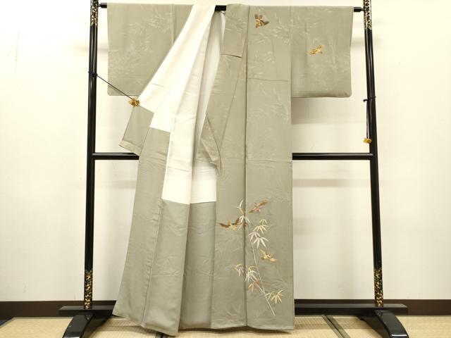 平和屋着物▼訪問着　総刺繍　雀　笹竹　金銀糸　正絹　逸品　DABG5935fe