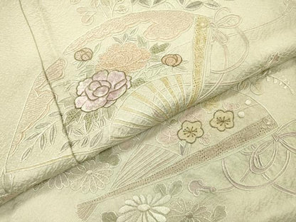 平和屋着物▼中国三大刺繍　スワトウ刺繍　汕頭刺繍　相良刺繍　総刺繍　訪問着　扇面花文　金糸　さが美扱い　正絹　逸品　DABG5948fe