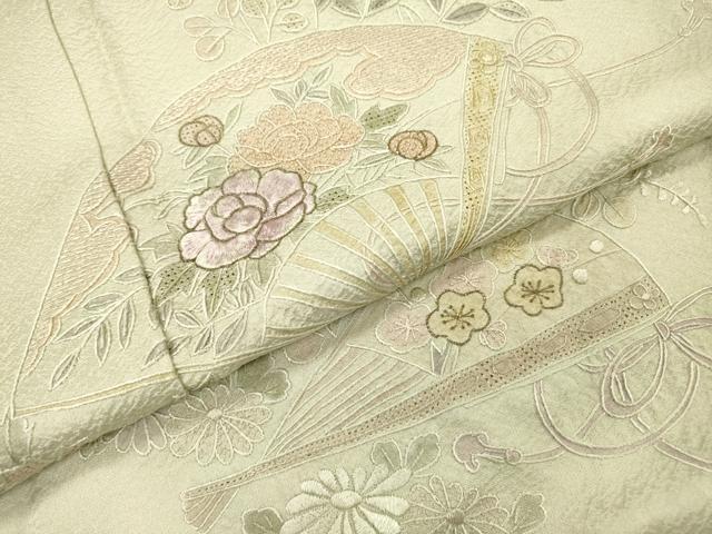 平和屋着物▼中国三大刺繍　スワトウ刺繍　汕頭刺繍　相良刺繍　総刺繍　訪問着　扇面花文　金糸　さが美扱い　正絹　逸品　DABG5948fe