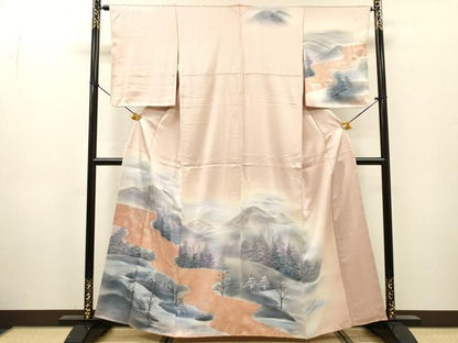 平和屋着物▼訪問着　手描き　風景文　暈し染　銀彩　正絹　逸品　未使用　DABG5961fe