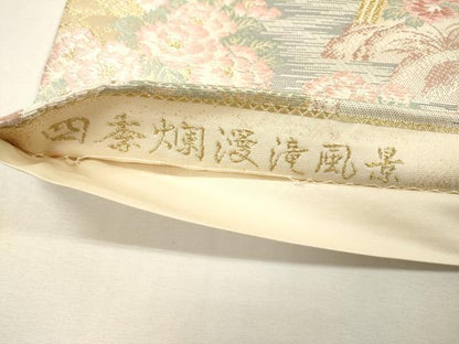 平和屋着物▼六通柄袋帯　四季爛漫滝風景　金糸　正絹　逸品　未使用　DABG5992fe