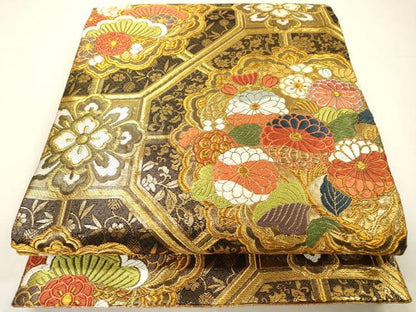 平和屋着物▼佐賀錦　両面　六通柄袋帯　唐織　蜀江花松文　金糸　正絹　逸品　DABG5996fe