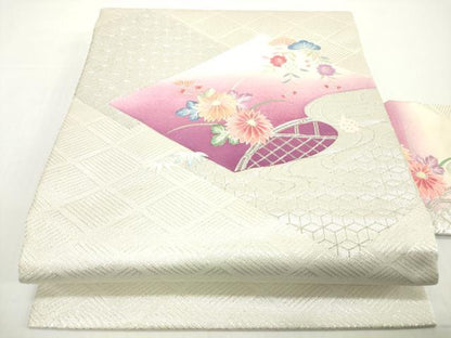 平和屋着物◎九寸名古屋帯　総刺繍　吉祥草花文　銀糸　正絹　逸品　DABG6056xg