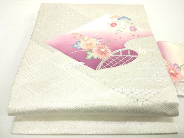 平和屋着物◎九寸名古屋帯　総刺繍　吉祥草花文　銀糸　正絹　逸品　DABG6056xg