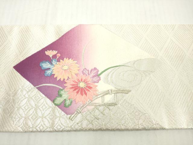平和屋着物◎九寸名古屋帯　総刺繍　吉祥草花文　銀糸　正絹　逸品　DABG6056xg