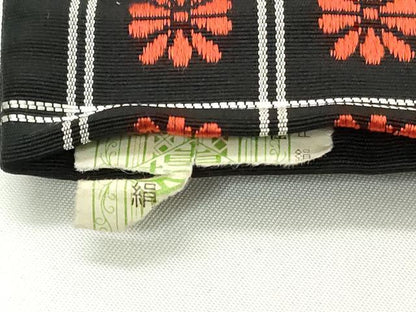 平和屋着物◎本場筑前博多織　半幅帯　格子花文　黒地　証紙付き　正絹　逸品　DABG6076xg