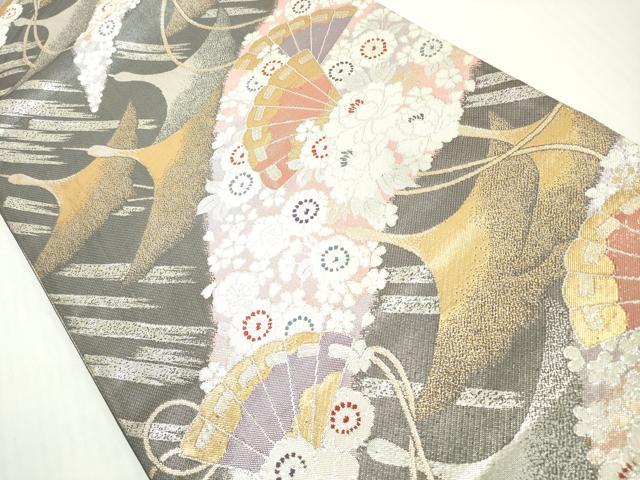平和屋着物◎佐賀錦　六通柄袋帯　うたげ　飛鶴扇子花文　金銀糸　正絹　逸品　DABG6085xg