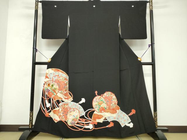 平和屋着物■豪華黒留袖　刺繍　地紙重ね　鼓花鳥文　金彩　正絹　逸品　DABG6129xg