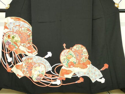 平和屋着物■豪華黒留袖　刺繍　地紙重ね　鼓花鳥文　金彩　正絹　逸品　DABG6129xg