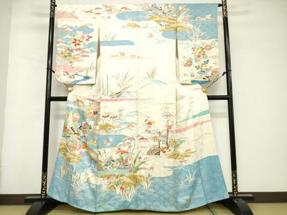 平和屋着物■セミアンティーク　訪問着　駒刺繍　風景花文　金銀彩　正絹　逸品　DABG6195xg
