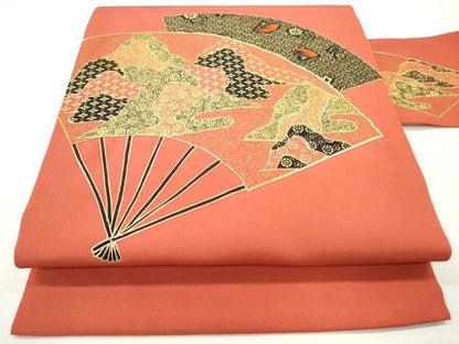 平和屋着物◎塩瀬　九寸名古屋帯　駒刺繍　扇面重ね山文　金彩　正絹　逸品　DABG6269xg