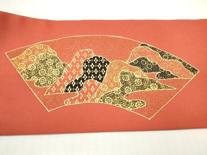 平和屋着物◎塩瀬　九寸名古屋帯　駒刺繍　扇面重ね山文　金彩　正絹　逸品　DABG6269xg