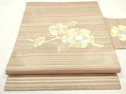 平和屋着物◎九寸名古屋帯　総刺繍　駒刺繍　草花文　金銀糸　正絹　逸品　DABG6306xg