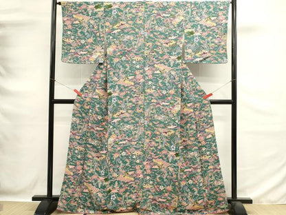 平和屋着物■上質な小紋　型染め　扇面花文　鬼しぼ縮緬　正絹　逸品　DABG6643cd