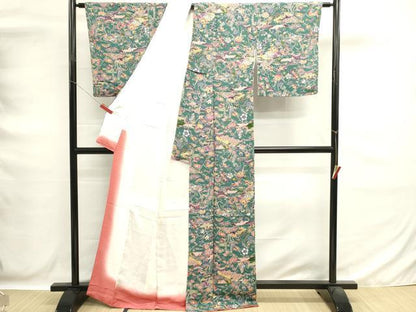 平和屋着物■上質な小紋　型染め　扇面花文　鬼しぼ縮緬　正絹　逸品　DABG6643cd